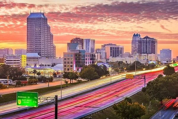 Orlando, Florida, USA downtown cityscape over the highway