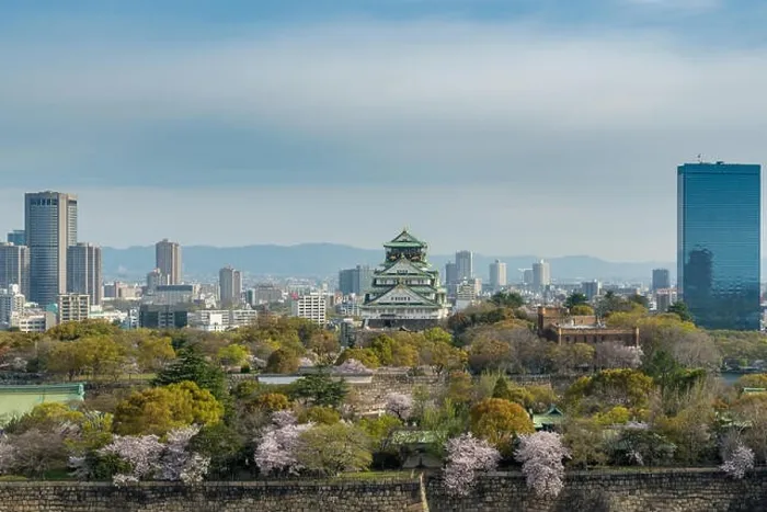 Framed Print : Osaka castle with cherry blossom and center business district in background at Osaka, Japan. Japan spring beautiful scene Framed Print : Osaka castle with cherry blossom and center business district in background at Osaka, Japan. Japan spring beautiful scene