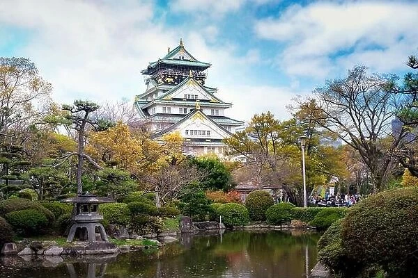 Osaka Castle with Japanese garden and tourist sightseeing at Osaka, Japan. Japan tourism, history building, or tradition culture and travel concept