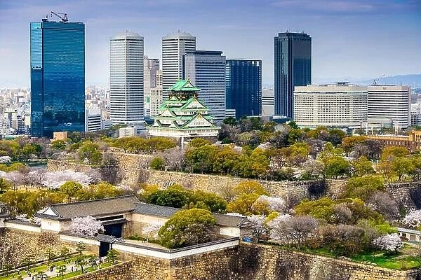 Osaka, Japan city skyline at the castle and business park