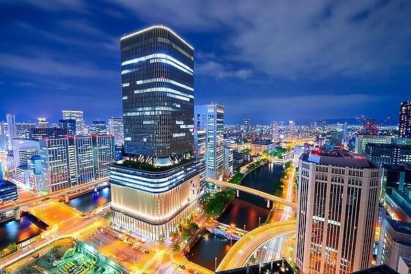 Osaka, Japan nighttime cityscape from above