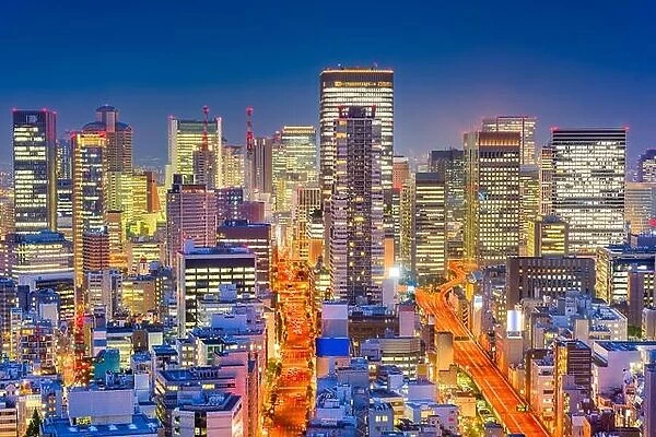 Osaka, Japan nighttime cityscape over the Honmachi district