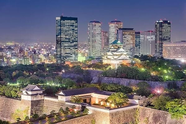 Osaka, Japan skyline at Osaka Castle Park at night