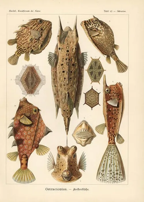 Framed Print : Ostraciontes: Longhorn cowfish, Lactoria cornuta, scrawled cowfish, Acanthostracion quadricornis, striped cowfish, Aracana aurita Framed Print : Ostraciontes: Longhorn cowfish, Lactoria cornuta, scrawled cowfish, Acanthostracion quadricornis, striped cowfish, Aracana aurita