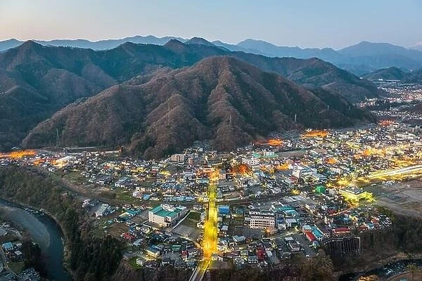 Otsuki, Japan city skyline from above at twilight