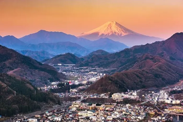 Framed Print : Otsuki, Japan Skyline with Mt. Fuji at twilight Framed Print : Otsuki, Japan Skyline with Mt. Fuji at twilight