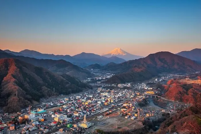 Framed Print : Otsuki, Japan Skyline with Mt. Fuji at twilight Framed Print : Otsuki, Japan Skyline with Mt. Fuji at twilight
