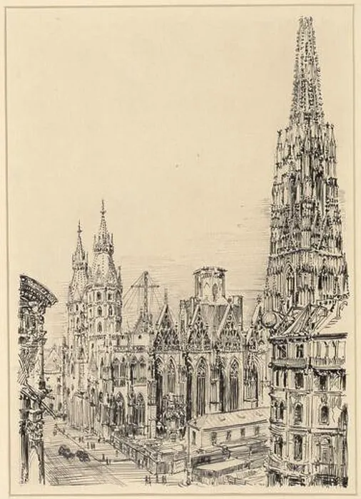 Framed Print : Otto Ernegg The St. Stephen's Cathedral in Building 1946. ink 1946, 1946 Framed Print : Otto Ernegg The St. Stephen's Cathedral in Building 1946. ink 1946, 1946