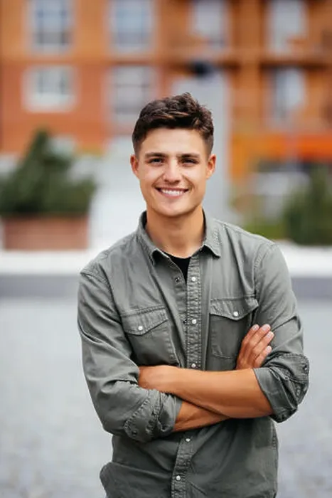 Framed Print : Outdoor portrait of handsome young man walking on the street, looking at camera Framed Print : Outdoor portrait of handsome young man walking on the street, looking at camera