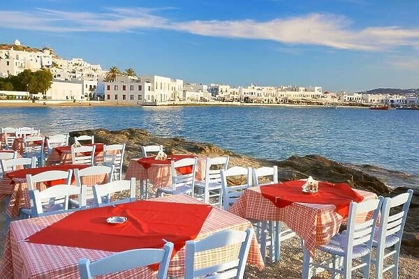 Outdoor restaurant at Mykonos Island, Cyclades, Greece