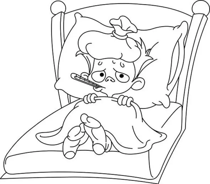 Framed Print : Outlined sick kid lying in bed. Vector illustration coloring page Framed Print : Outlined sick kid lying in bed. Vector illustration coloring page