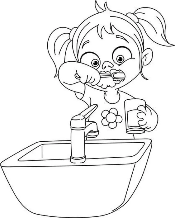 Framed Print : Outlined young girl brushing her teeth. Vector illustration coloring page Framed Print : Outlined young girl brushing her teeth. Vector illustration coloring page