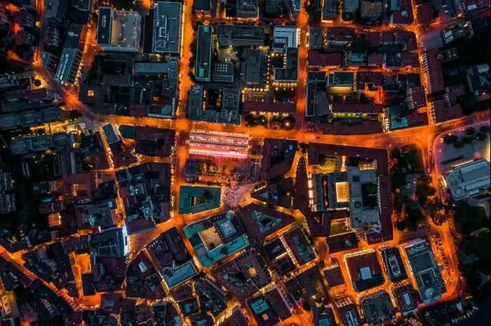 Framed Print : Overhead aerial drone night shot of city street lights in Lugano, Switzerland Framed Print : Overhead aerial drone night shot of city street lights in Lugano, Switzerland