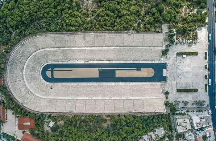 Framed Print : Overhead aerial drone shot of Panathenaic marble stadium in Pangrati, Athens Framed Print : Overhead aerial drone shot of Panathenaic marble stadium in Pangrati, Athens