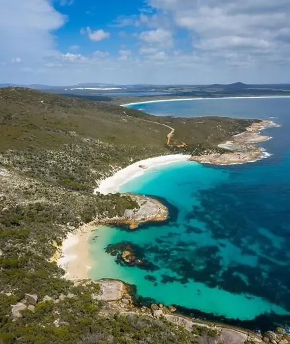 Framed Print : Overhead three quarter view of Waterfall Beach next to the more famous Little Beach in Western Australia Framed Print : Overhead three quarter view of Waterfall Beach next to the more famous Little Beach in Western Australia