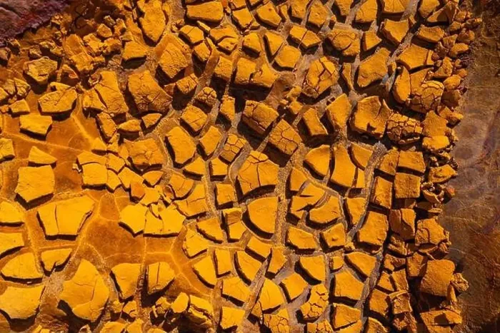 Framed Print : Overhead view of cracked yellow earth, highlighting natural textures at the historic Riotinto mine in Huelva Framed Print : Overhead view of cracked yellow earth, highlighting natural textures at the historic Riotinto mine in Huelva