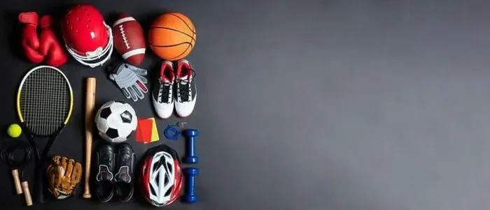 Framed Print : An Overhead View Of Different Sports Equipment On Gray Background Framed Print : An Overhead View Of Different Sports Equipment On Gray Background