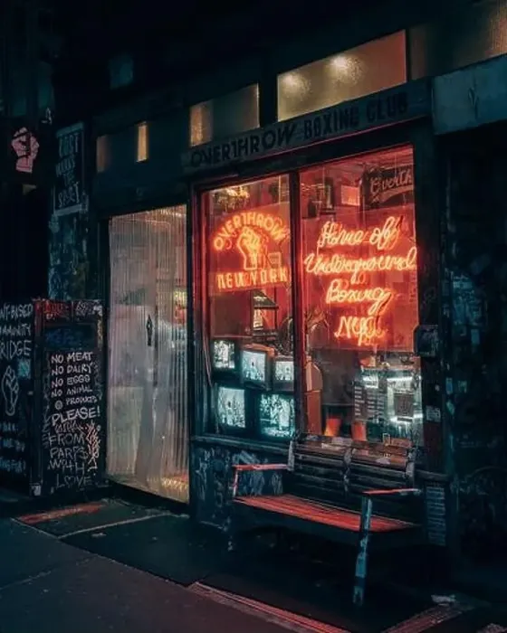 Framed Print : Overthrow Boxing Club neon sign at night, Manhattan, New York Framed Print : Overthrow Boxing Club neon sign at night, Manhattan, New York
