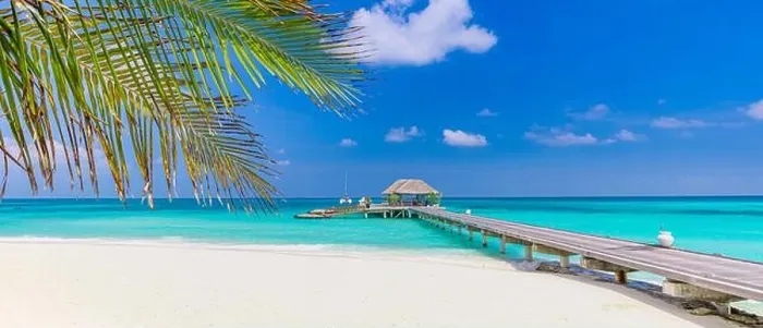 Framed Print : Overwater bungalow, shore coast landscape. Tropical island beach, amazing blue sky endless sea view with palm tree leaves, horizon, exotic luxury Framed Print : Overwater bungalow, shore coast landscape. Tropical island beach, amazing blue sky endless sea view with palm tree leaves, horizon, exotic luxury