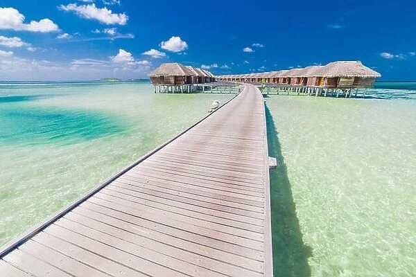 Overwater villas in Maldives, beach background