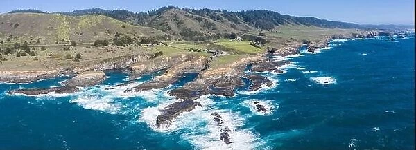 The Pacific Ocean meets the rocky shore of Northern California in Mendocino. This scenic region is known for its beautiful, rugged coastlines