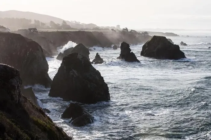 Framed Print : The Pacific Ocean washes against the rocky coastline of northern California in Sonoma. This region is often covered by a thick marine layer of fog Framed Print : The Pacific Ocean washes against the rocky coastline of northern California in Sonoma. This region is often covered by a thick marine layer of fog