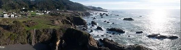 The Pacific Ocean washes onto the rugged coastline of Northern California at Westport. The Pacific Coast Highway runs right along this scenic route