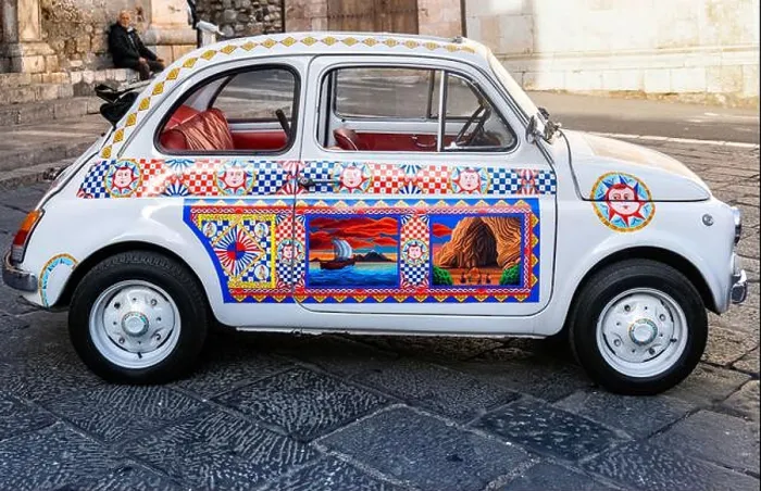 Framed Print : Painted Fiat 500 side view - Taormina town centre, Italy Framed Print : Painted Fiat 500 side view - Taormina town centre, Italy