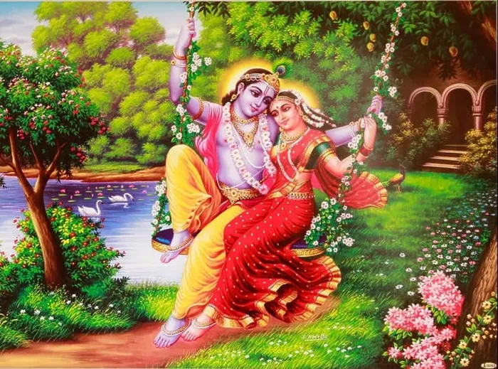 Framed Print : Painting of hindu god Krishna and Radha on a swing Framed Print : Painting of hindu god Krishna and Radha on a swing