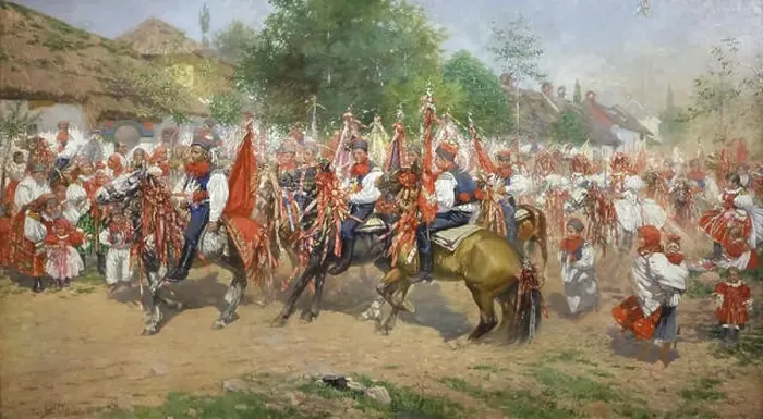 Framed Print : Painting Ride of the Kings (1897) by Czech painter Joža Uprka on display in the Moravian Gallery (Moravská galerie)