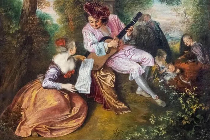 Framed Print : Painting titled 'The Scale of Love' by French Artist Jean-Antoine Watteau dated 1717 Framed Print : Painting titled 'The Scale of Love' by French Artist Jean-Antoine Watteau dated 1717