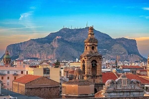 Palermo, Italy with landmark buildings towards Monte Pellegrino
