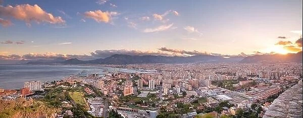 Palermo, Sicily, Italy. Aerial cityscape image of Palermo, Sicily with sea port at sunset