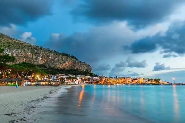 Framed Print : Palermo, Sicily, Italy in the Mondello on the beach at twilight Framed Print : Palermo, Sicily, Italy in the Mondello on the beach at twilight