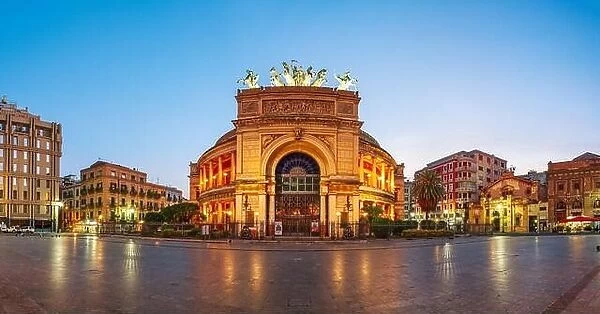 Palermo, Sicily, Italy at Teatro Politeama and square at twilight
