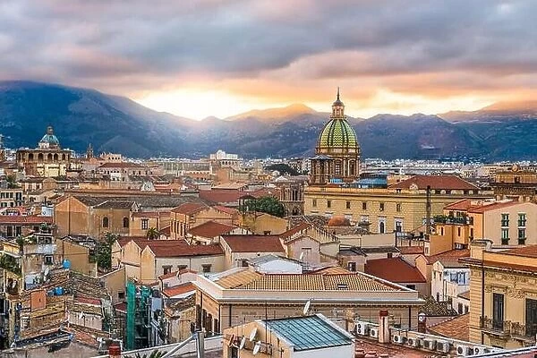 Palermo, Sicily town skyline with landmark towers at dusk