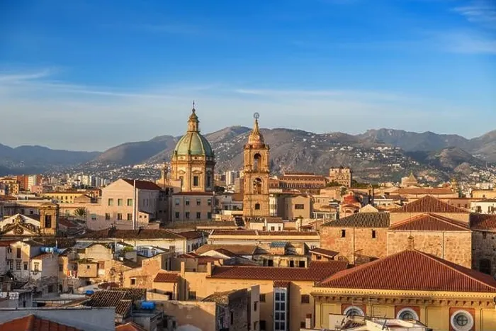 Framed Print : Palermo, Sicily town skyline with landmark towers in the morning