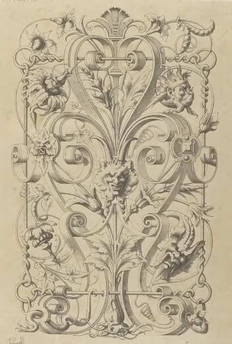 Framed Print : Panel with satyr mask between leaf vines and scrollwork, print, print maker: Michel Liénard, (mentioned on object), publisher: Charles Claesen