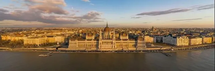 Framed Print : Panorama aerial drone shot of Hungarian Parliament facade during Budapest sunset Framed Print : Panorama aerial drone shot of Hungarian Parliament facade during Budapest sunset