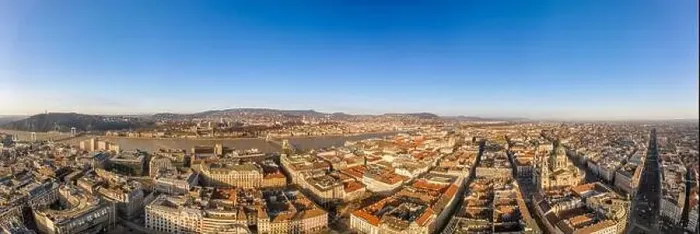 Framed Print : Panorama aerial drone shot of Pest downtown in Budapest sunrise glow Framed Print : Panorama aerial drone shot of Pest downtown in Budapest sunrise glow