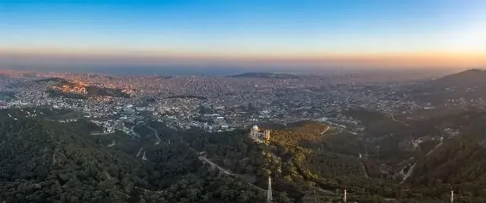 Framed Print : Panorama Aerial drone shot of Tibidabo Mountain with city view of Barcelona during sunset Framed Print : Panorama Aerial drone shot of Tibidabo Mountain with city view of Barcelona during sunset