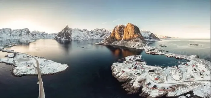 Framed Print : Panorama aerial view of archipelago of arctic ocean with fishing village in winter at Hamnoy, Lofoten islands, Norway Framed Print : Panorama aerial view of archipelago of arctic ocean with fishing village in winter at Hamnoy, Lofoten islands, Norway