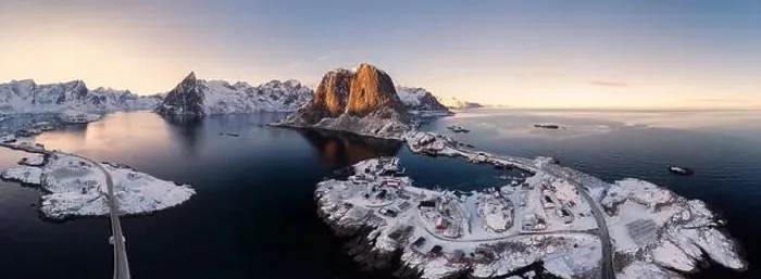 Framed Print : Panorama aerial view of archipelago of arctic ocean with fishing village in winter at Hamnoy, Lofoten islands, Norway Framed Print : Panorama aerial view of archipelago of arctic ocean with fishing village in winter at Hamnoy, Lofoten islands, Norway