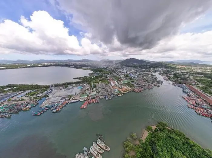 Framed Print : Panorama aerial view of fishing village and large fishing port around the island in Phuket city Thailand Framed Print : Panorama aerial view of fishing village and large fishing port around the island in Phuket city Thailand