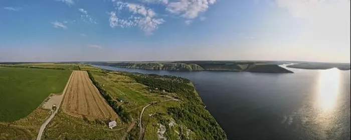Framed Print : Panorama Aerial view from flying drone of Bakota Bay on Dnister river Framed Print : Panorama Aerial view from flying drone of Bakota Bay on Dnister river