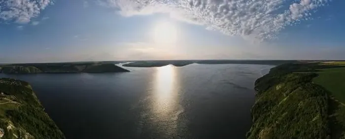 Framed Print : Panorama Aerial view from flying drone of Bakota Bay on Dnister river Framed Print : Panorama Aerial view from flying drone of Bakota Bay on Dnister river