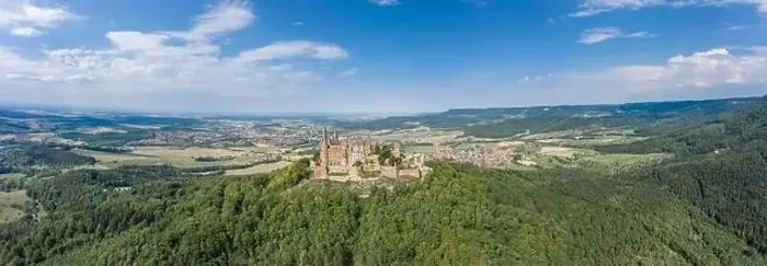Framed Print : Panorama aerial view of Hohenzollern hill with castle at summer noon near Stuttgart in Germany Framed Print : Panorama aerial view of Hohenzollern hill with castle at summer noon near Stuttgart in Germany