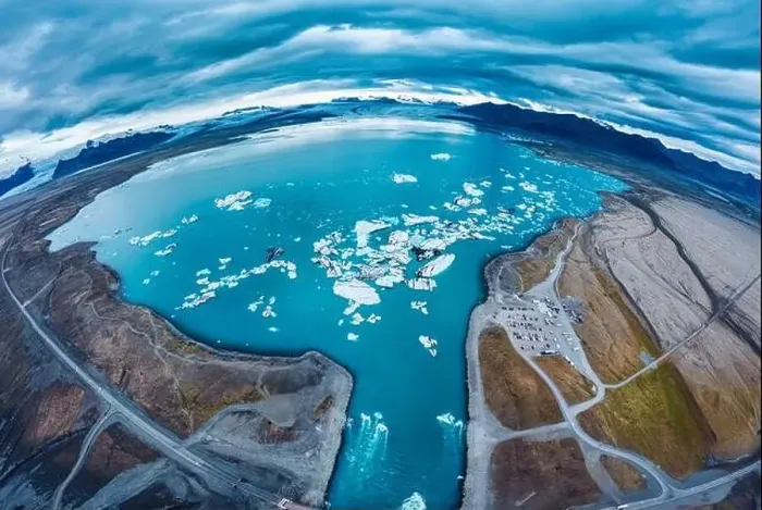 Framed Print : Panorama aerial view of Jokulsarlon glacier lagoon with iceberg floating on gloomy day in Vatnajokull national park