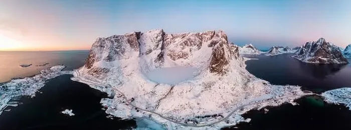 Framed Print : Panorama of archipelago and ice lake in valley on winter at Reine, Lofoten islands, Norway Framed Print : Panorama of archipelago and ice lake in valley on winter at Reine, Lofoten islands, Norway