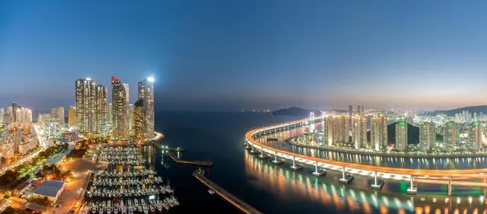 Framed Print : Panorama of Busan city skyline view at Haeundae district, Gwangalli Beach with yacht pier at Busan, South Korea Framed Print : Panorama of Busan city skyline view at Haeundae district, Gwangalli Beach with yacht pier at Busan, South Korea